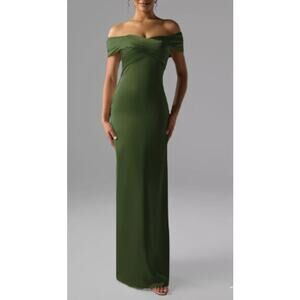 AW BRIDAL 4 S green olive satin Meghan bridesmaid formal maxi dress NEW B53